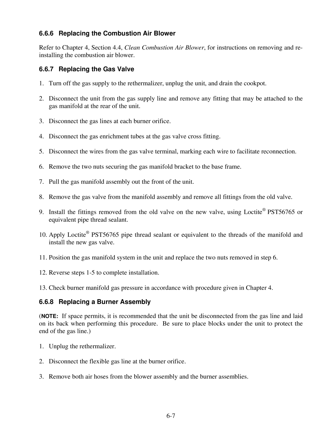 Frymaster FBR18 Series manual Replacing the Combustion Air Blower, Replacing the Gas Valve, Replacing a Burner Assembly 