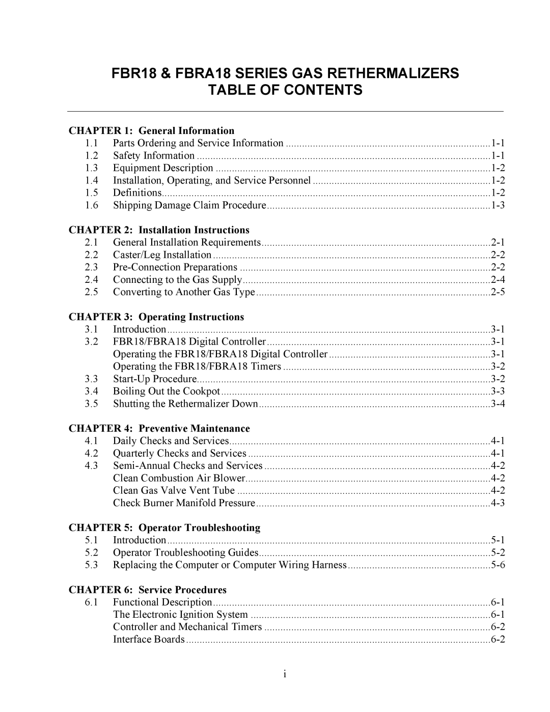 Frymaster FBR18 Series manual FBR18 & FBRA18 Series GAS Rethermalizers Table of Contents 