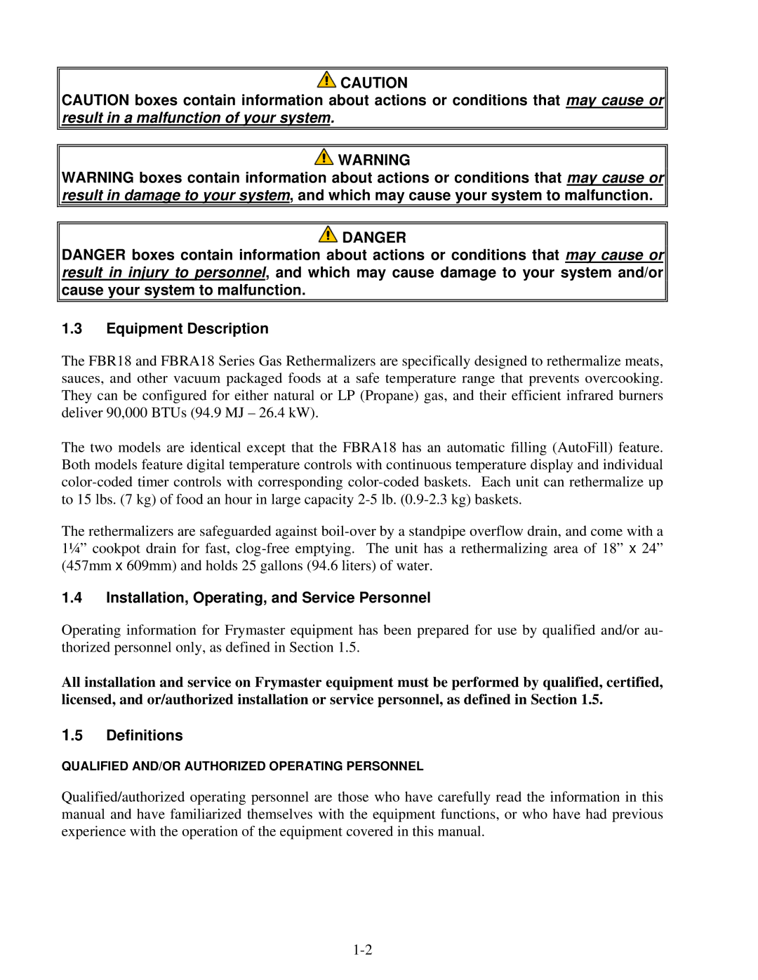 Frymaster FBR18 Series manual Equipment Description, Installation, Operating, and Service Personnel, Definitions 
