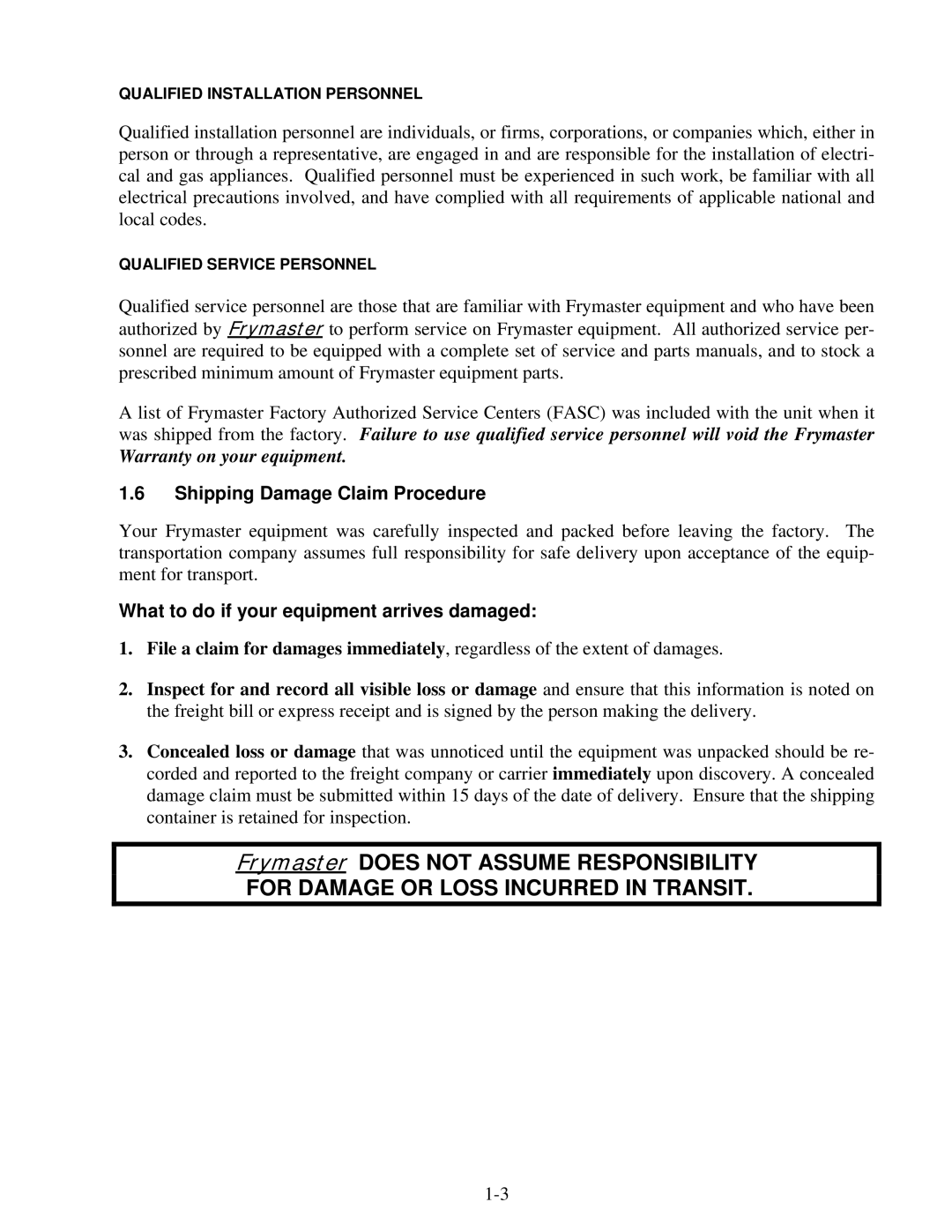 Frymaster FBR18 Series manual Shipping Damage Claim Procedure, What to do if your equipment arrives damaged 