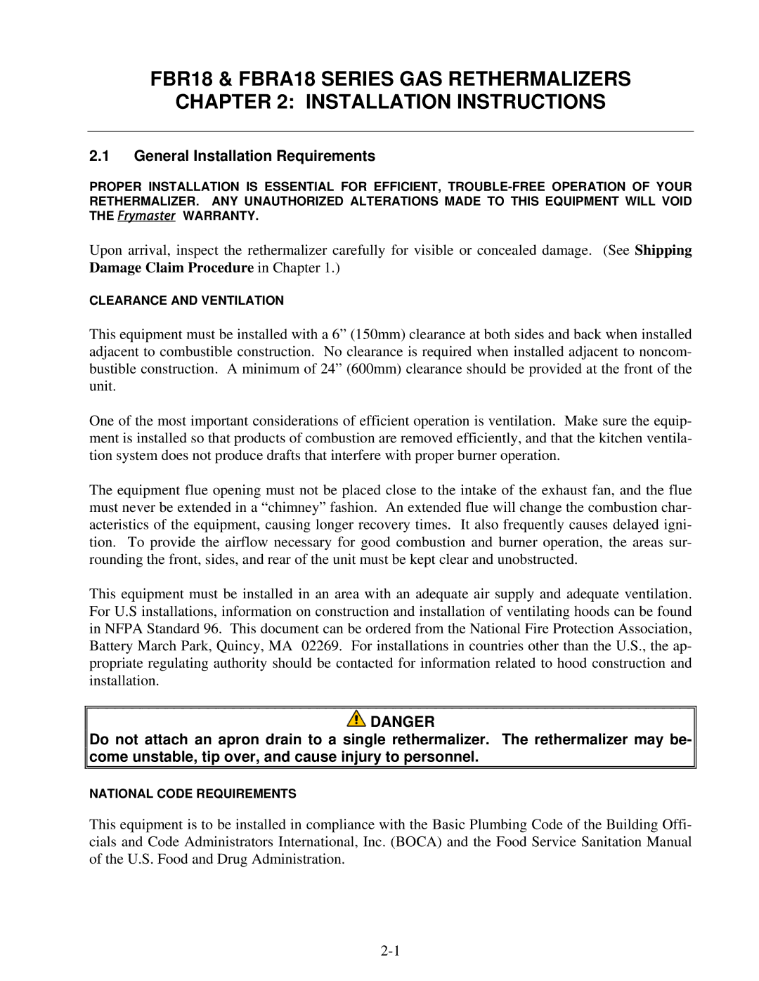 Frymaster FBR18 Series manual General Installation Requirements 