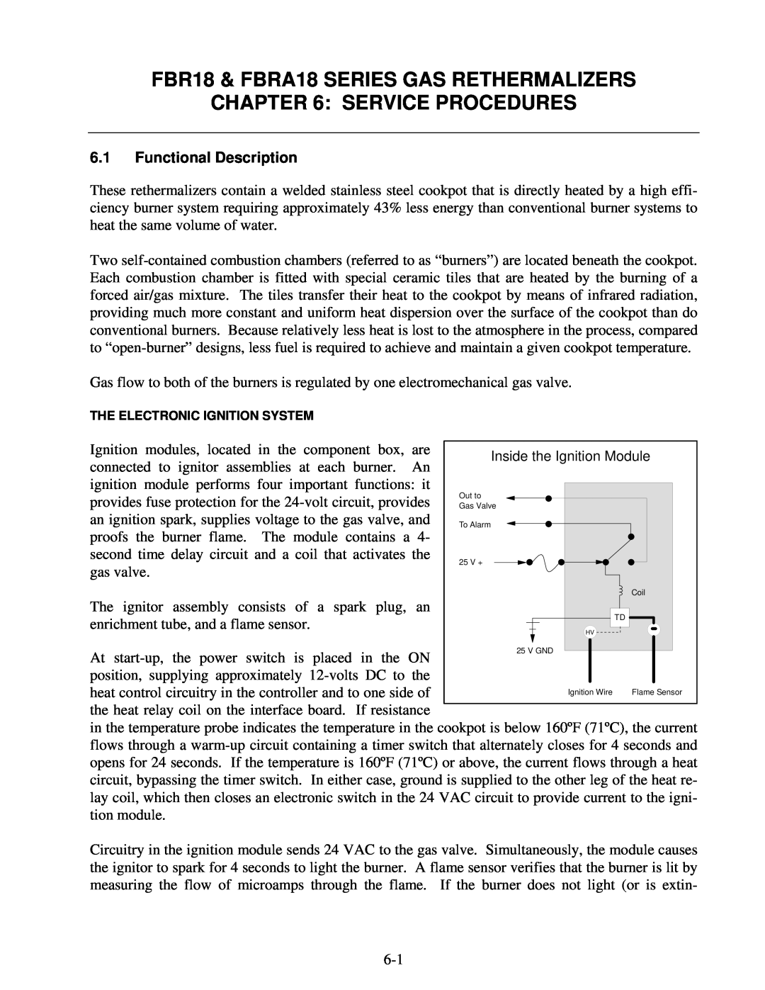 Frymaster FBR18 Series manual Service Procedures, 6.1Functional Description, FBR18 & FBRA18 SERIES GAS RETHERMALIZERS 