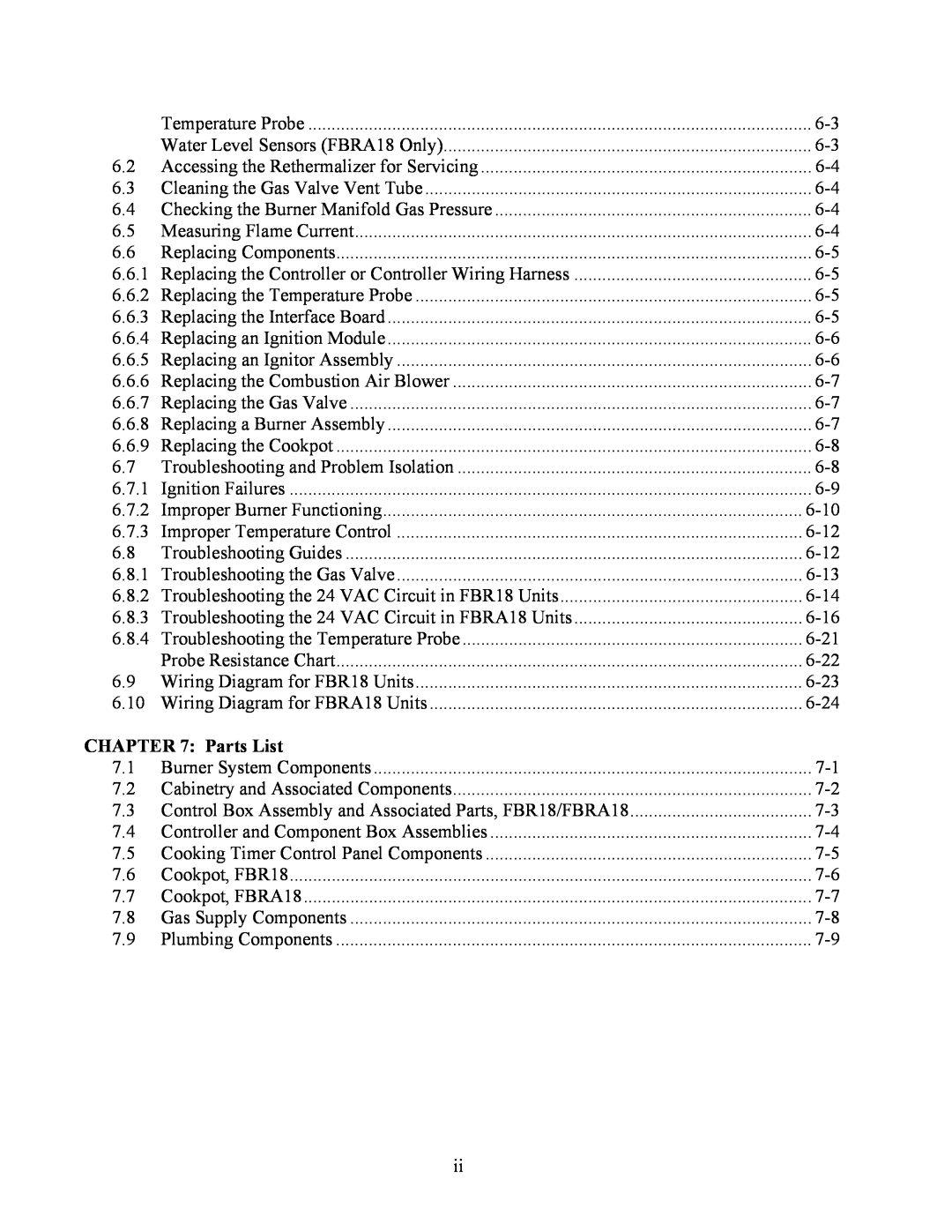 Frymaster FBR18 Series manual Parts List 