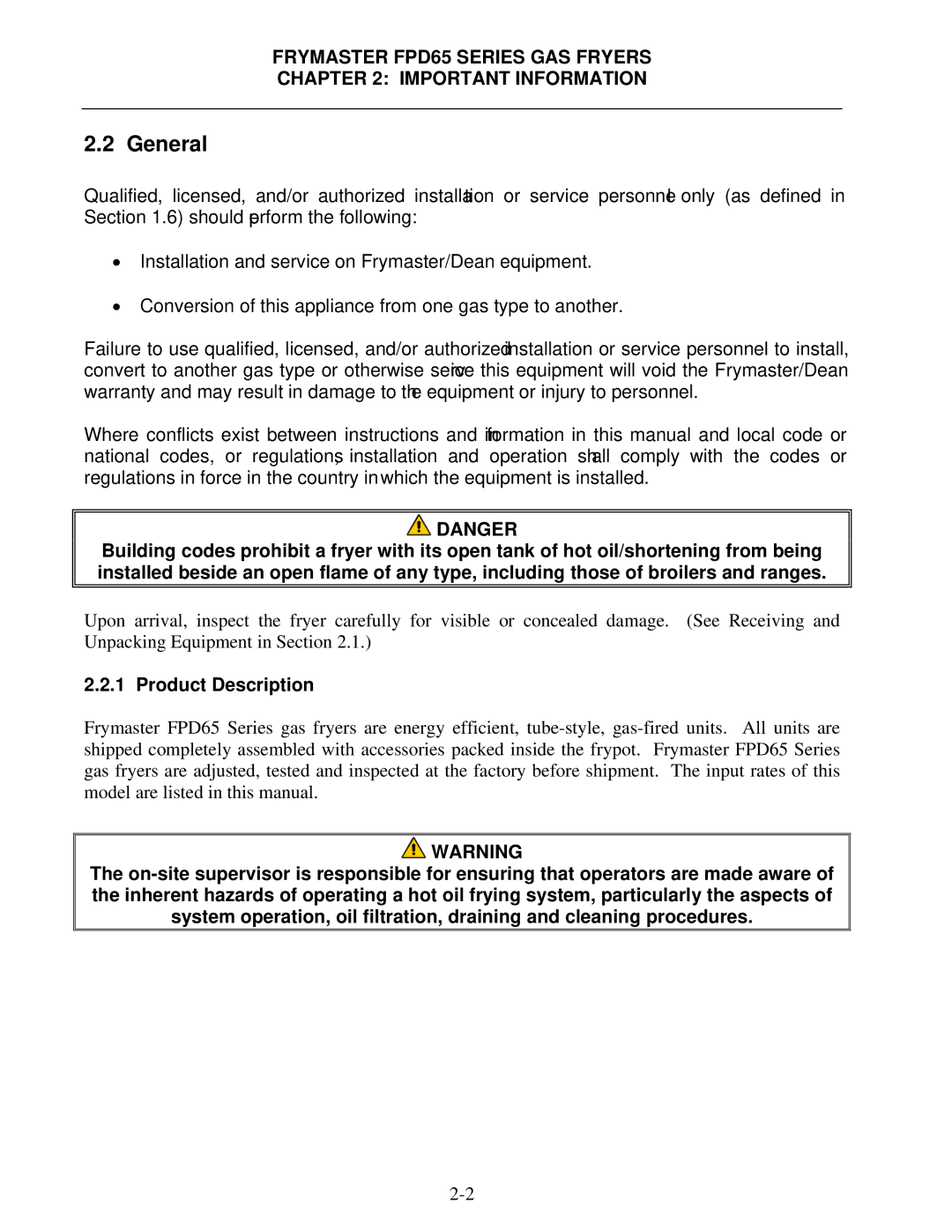 Frymaster FDP65 operation manual General, Product Description 