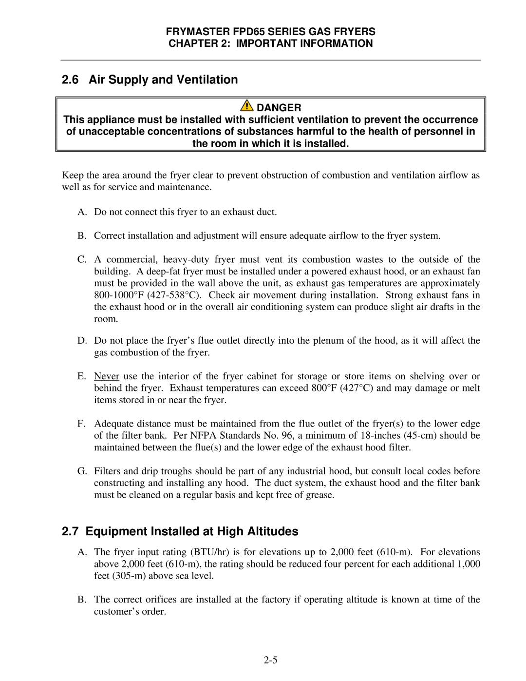 Frymaster FDP65 operation manual Air Supply and Ventilation, Equipment Installed at High Altitudes 