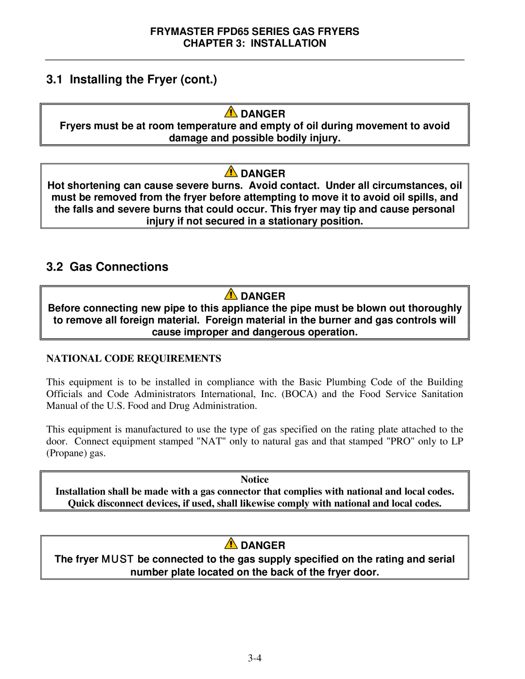 Frymaster FDP65 operation manual Gas Connections, National Code Requirements 