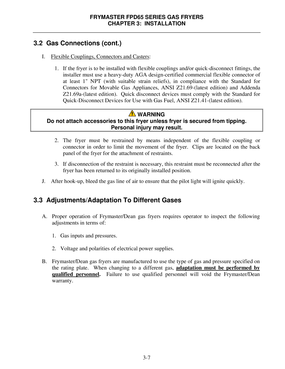 Frymaster FDP65 operation manual Adjustments/Adaptation To Different Gases 