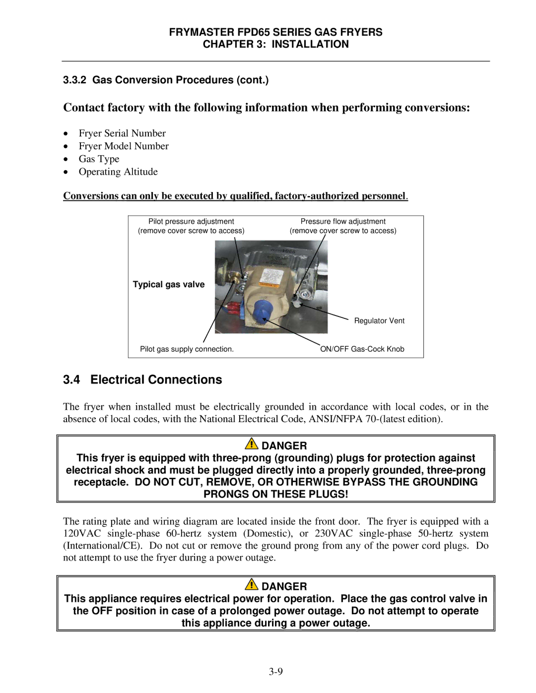 Frymaster FDP65 operation manual Electrical Connections, Gas Conversion Procedures 