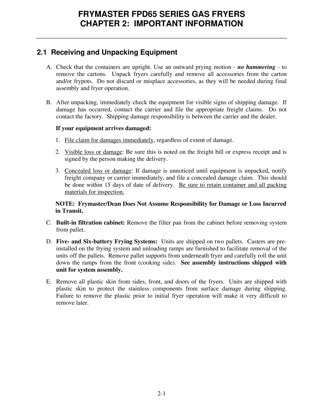 Frymaster FDP65 operation manual Frymaster FPD65 Series GAS Fryers Important Information, Receiving and Unpacking Equipment 