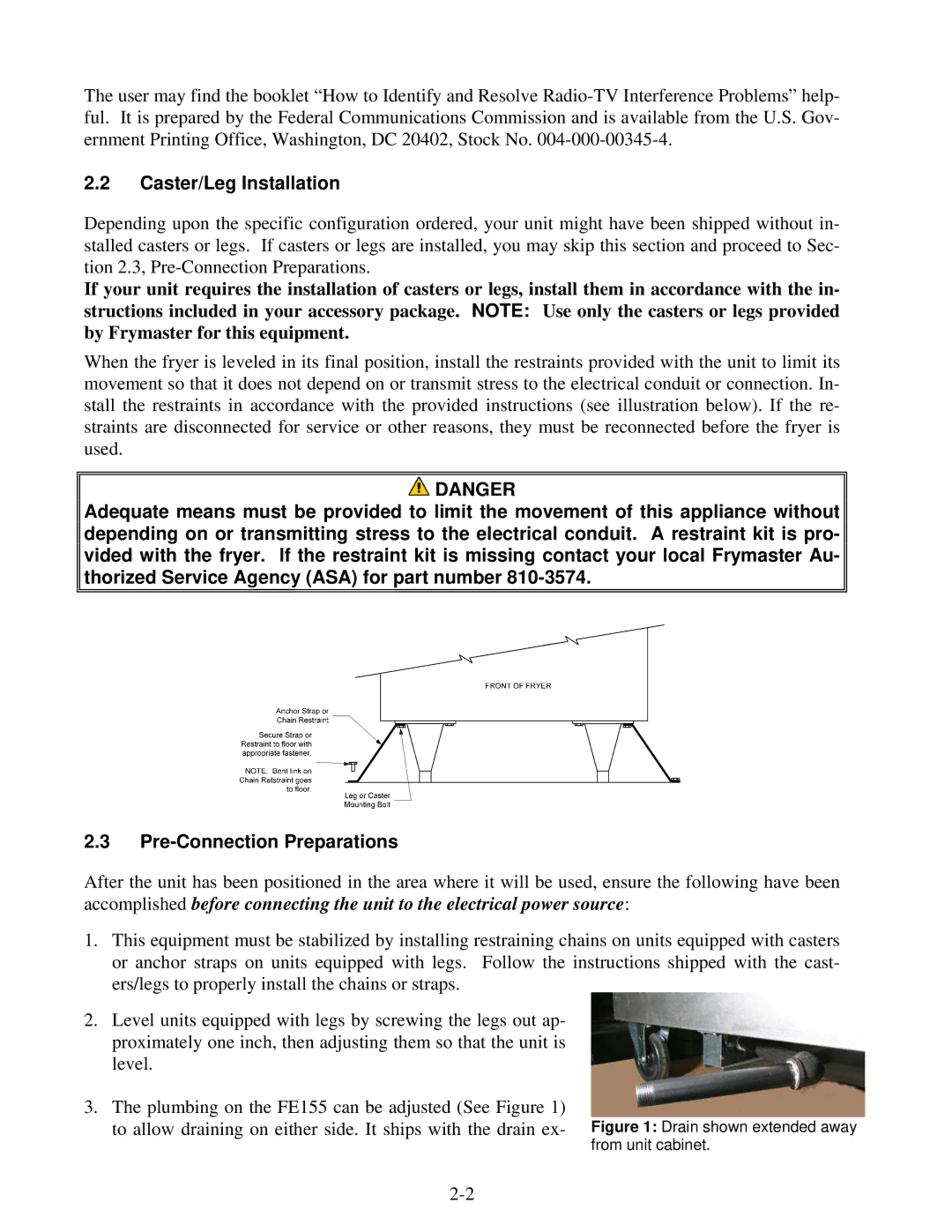 Frymaster FE155 operation manual Caster/Leg Installation, Drain shown extended away from unit cabinet 