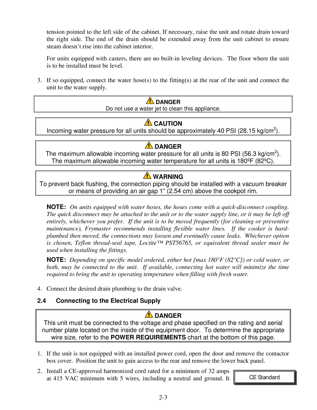 Frymaster FE155 operation manual Connecting to the Electrical Supply, CE Standard 