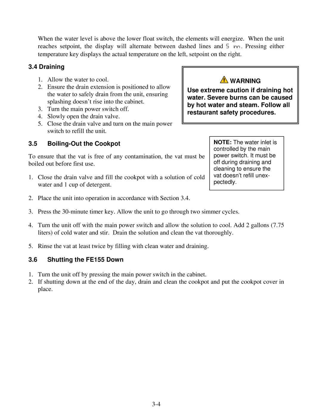 Frymaster operation manual Draining, Shutting the FE155 Down 