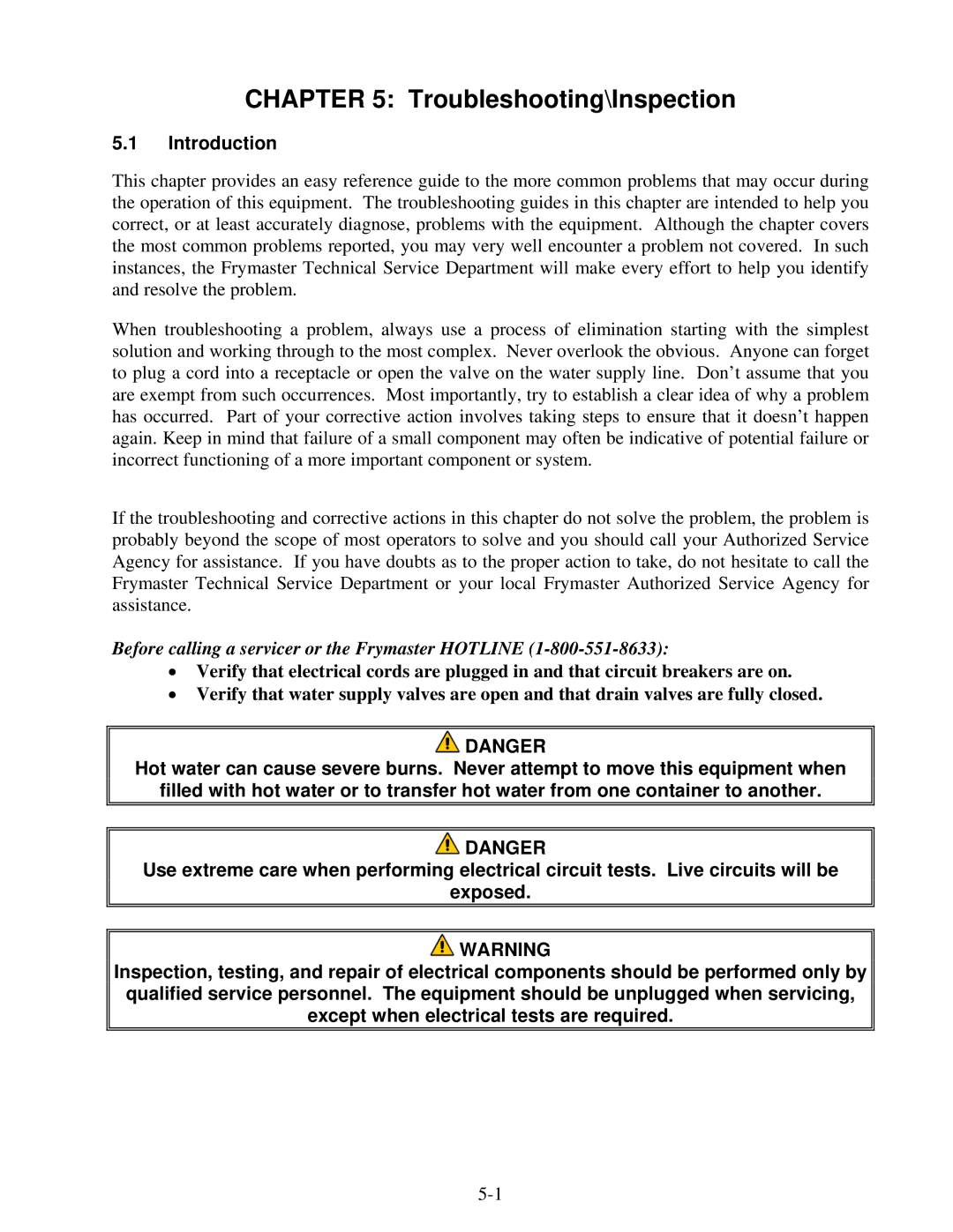 Frymaster FE155 operation manual Troubleshooting\Inspection, Before calling a servicer or the Frymaster Hotline 