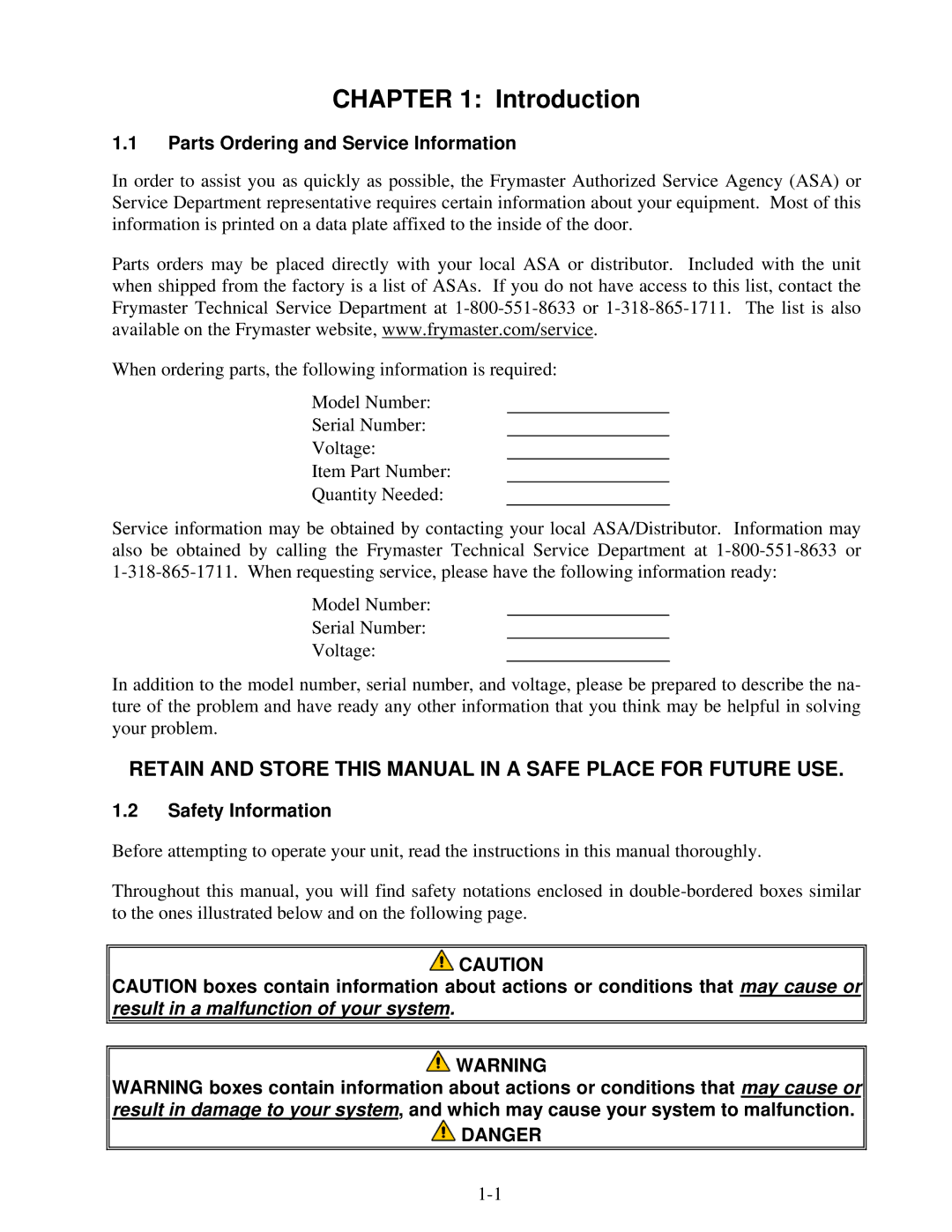 Frymaster FE155 operation manual Introduction, Parts Ordering and Service Information, Safety Information 