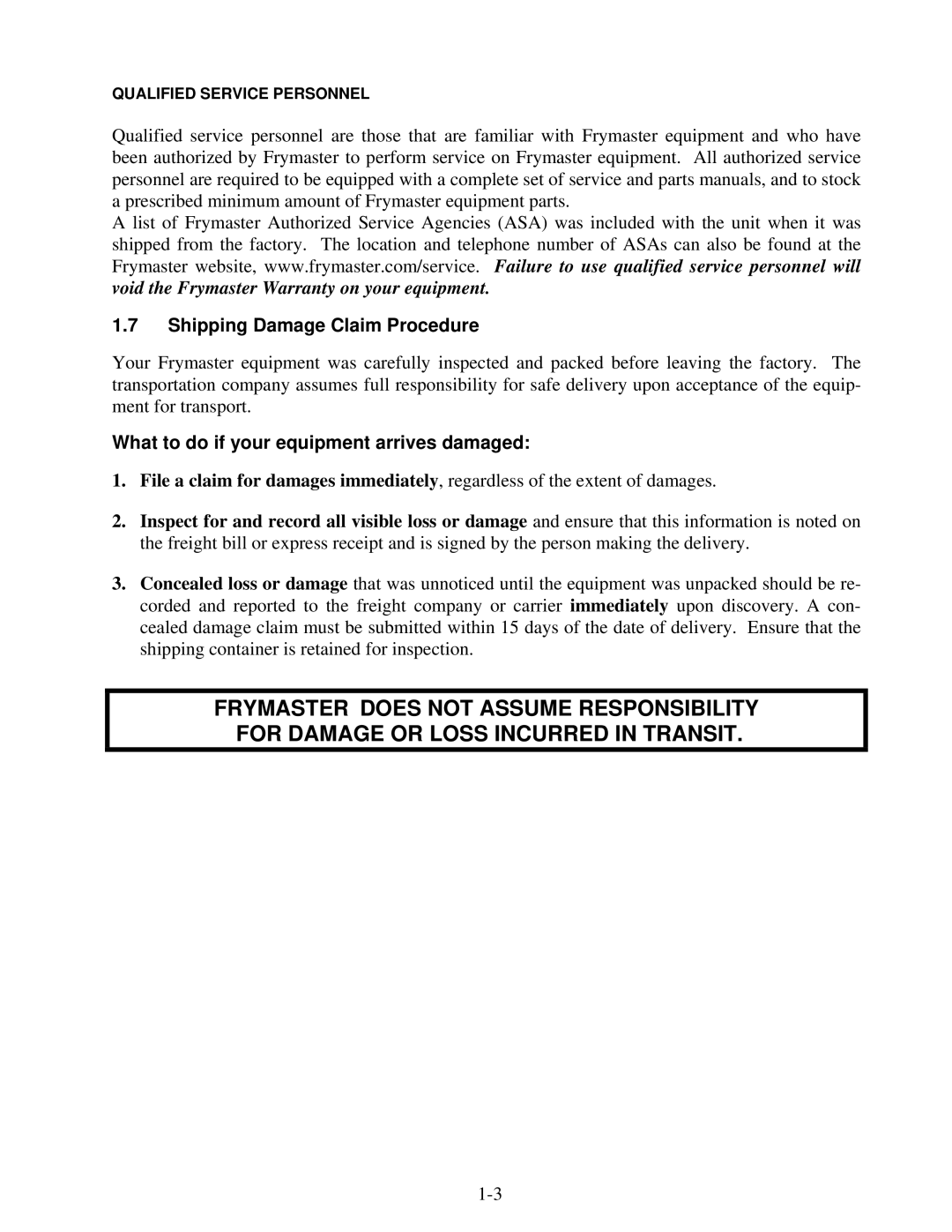 Frymaster FE155 operation manual Shipping Damage Claim Procedure, What to do if your equipment arrives damaged 