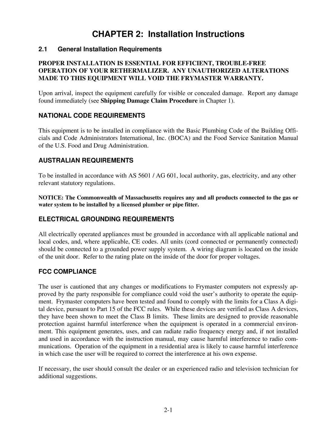 Frymaster FE155 Installation Instructions, National Code Requirements, Australian Requirements, FCC Compliance 