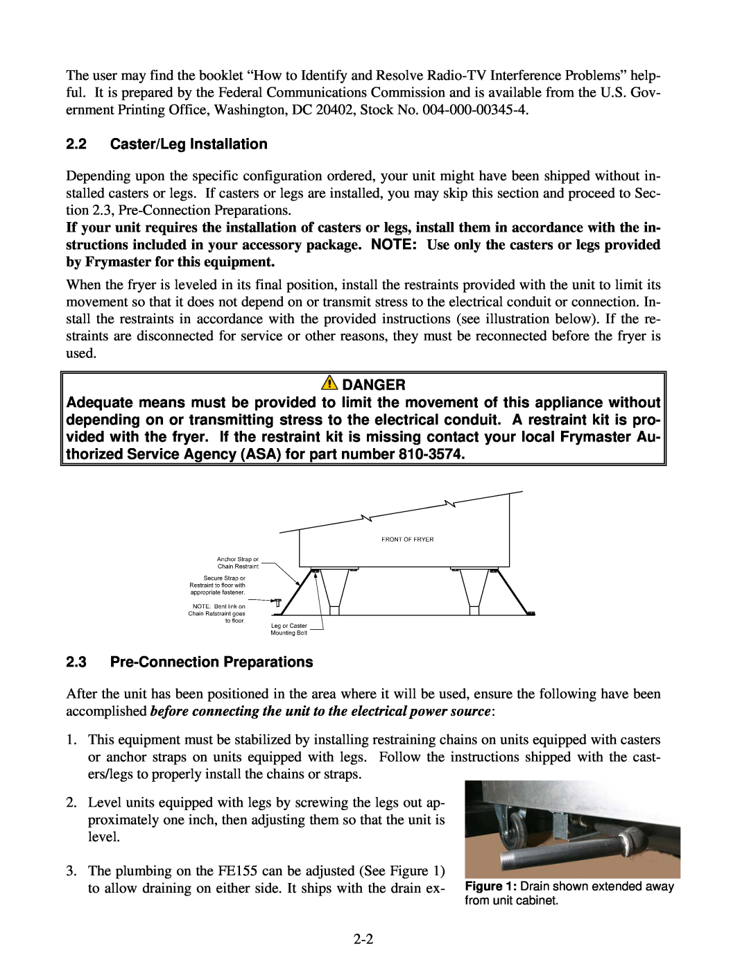 Frymaster FE155 operation manual Caster/Leg Installation, Pre-Connection Preparations, Danger 