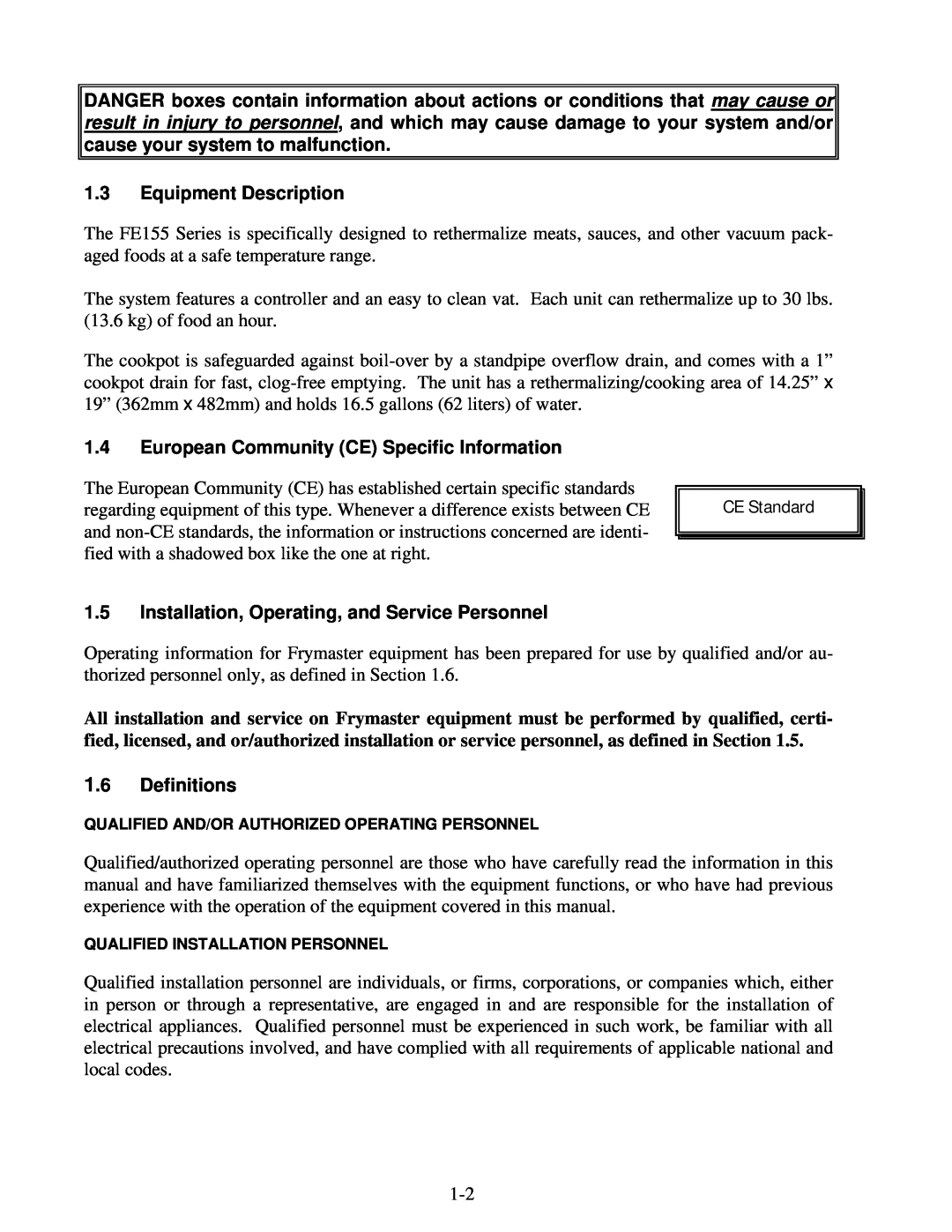 Frymaster FE155 operation manual Equipment Description, European Community CE Specific Information, Definitions 