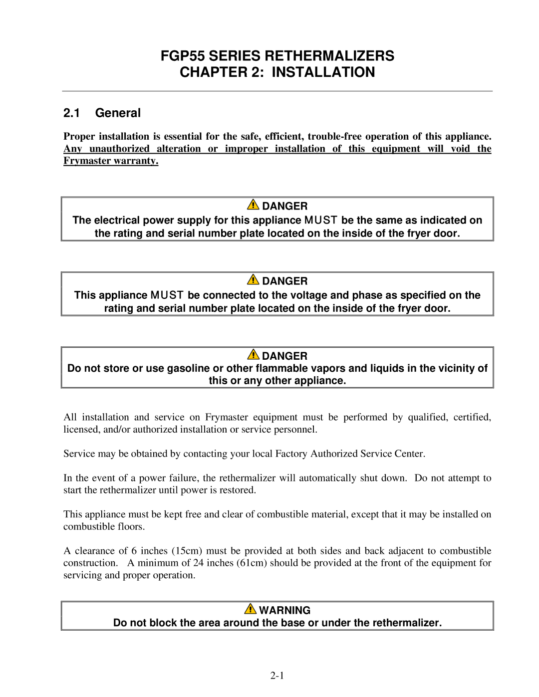 Frymaster operation manual FGP55 Series Rethermalizers Installation, General 
