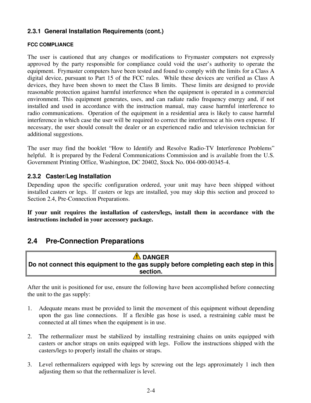 Frymaster FGP55 operation manual Pre-Connection Preparations, Caster/Leg Installation 