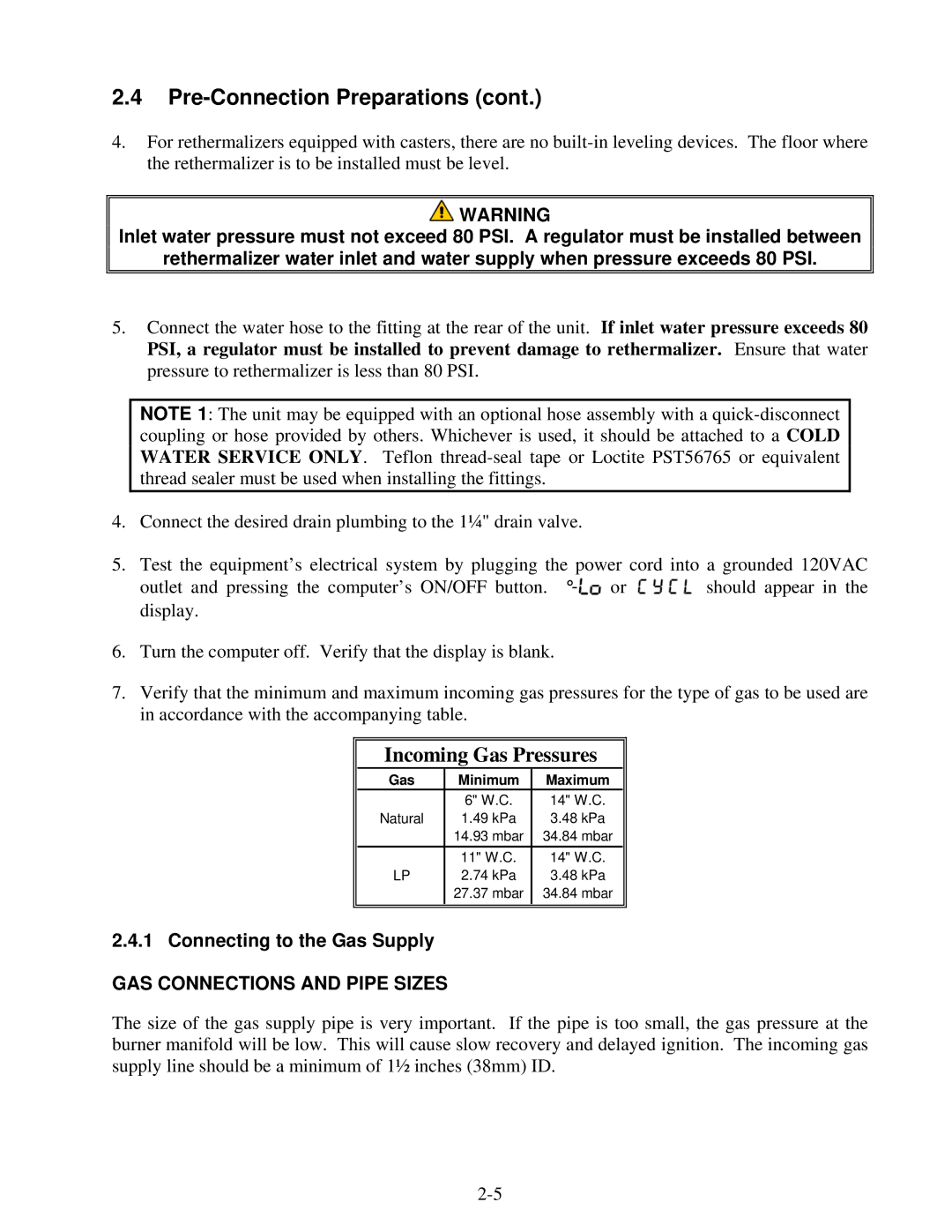 Frymaster FGP55 operation manual Incoming Gas Pressures 