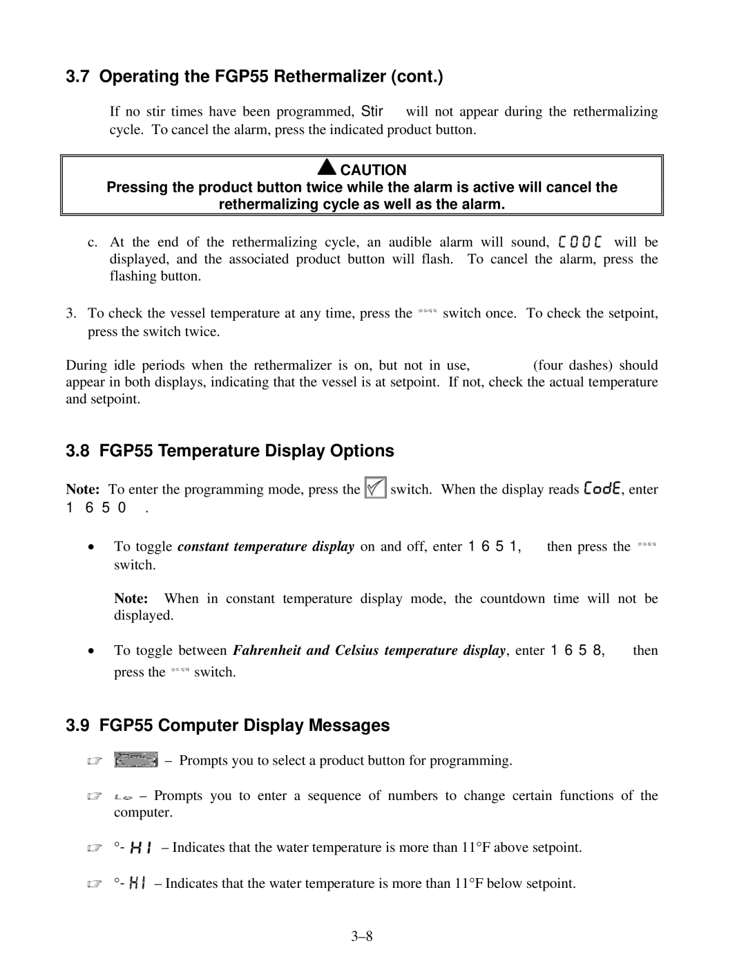 Frymaster operation manual FGP55 Temperature Display Options, FGP55 Computer Display Messages 