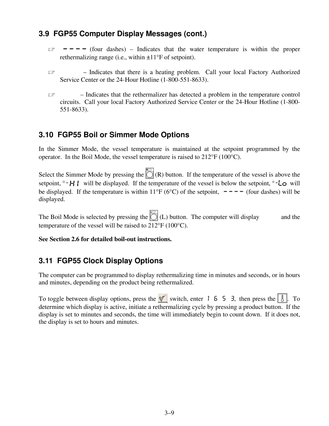 Frymaster operation manual 10 FGP55 Boil or Simmer Mode Options, 11 FGP55 Clock Display Options 