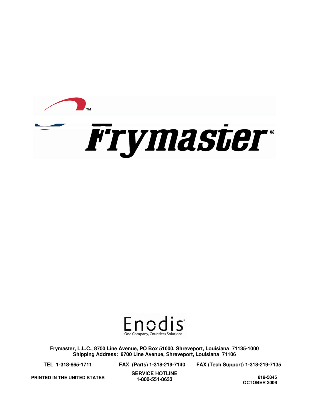 Frymaster FGP55 operation manual Service Hotline 