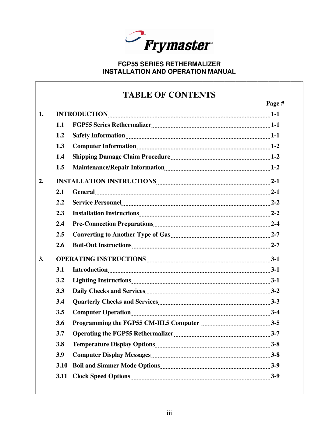 Frymaster FGP55 operation manual Table of Contents 