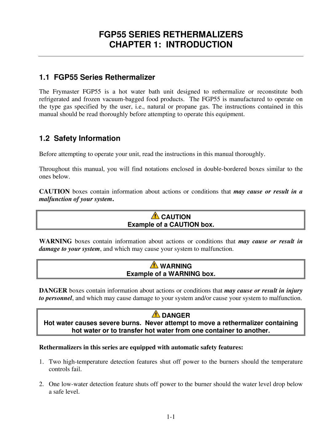 Frymaster operation manual FGP55 Series Rethermalizer, Safety Information 