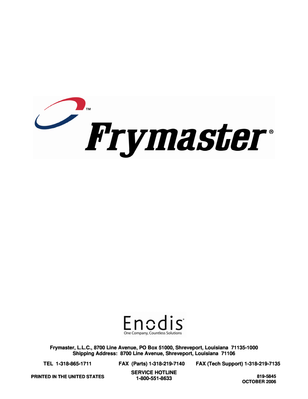 Frymaster FGP55 operation manual FAX Parts, FAX Tech Support, Service Hotline, 819-5845, October 