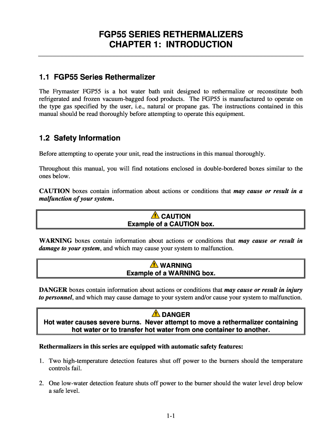 Frymaster FGP55 SERIES RETHERMALIZERS, Introduction, 1.1 FGP55 Series Rethermalizer, Safety Information, Danger 