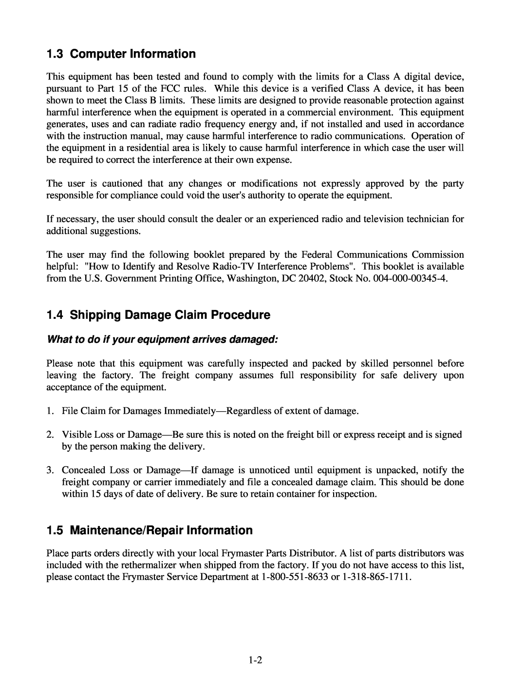 Frymaster FGP55 operation manual Computer Information, Shipping Damage Claim Procedure, Maintenance/Repair Information 