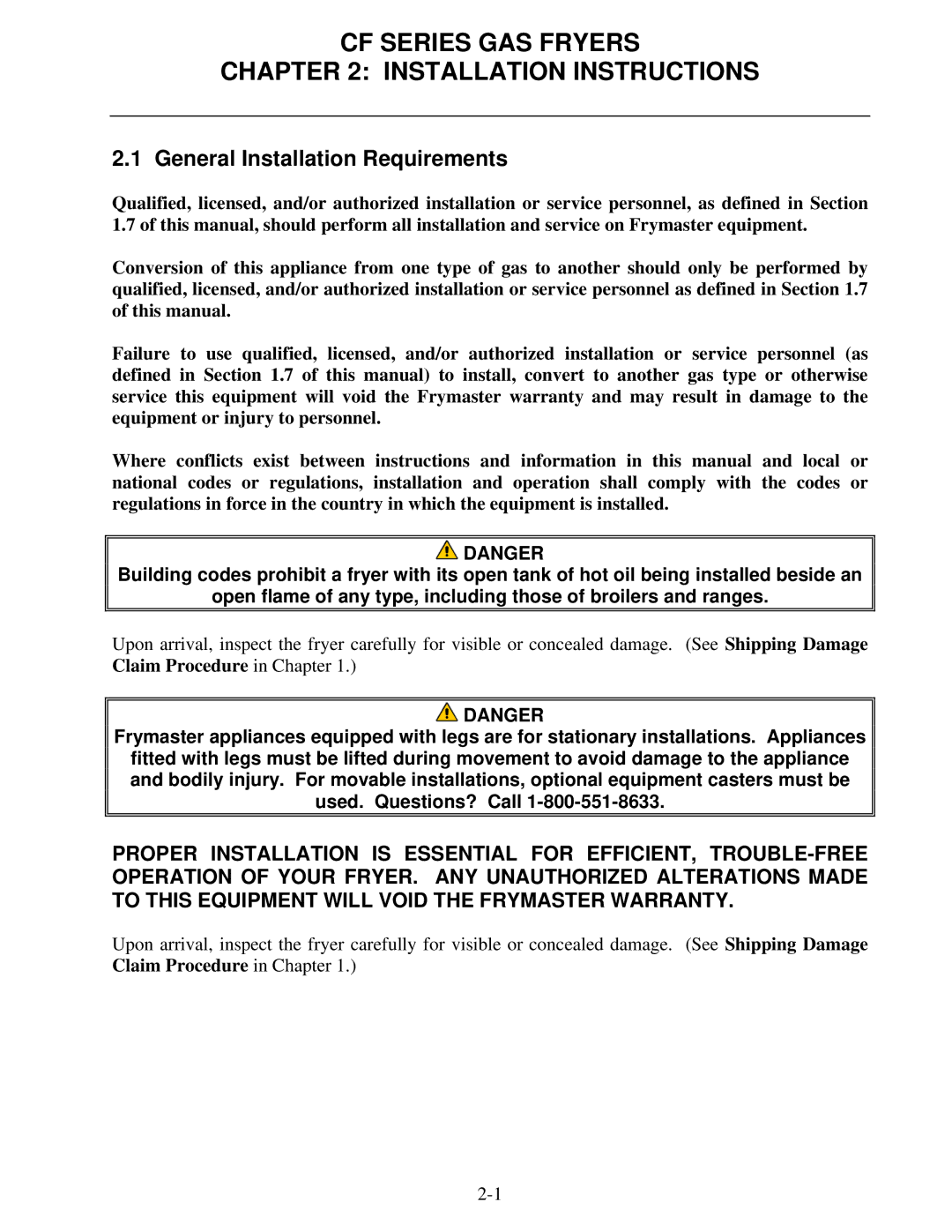 Frymaster FMCF operation manual CF Series GAS Fryers Installation Instructions, General Installation Requirements 