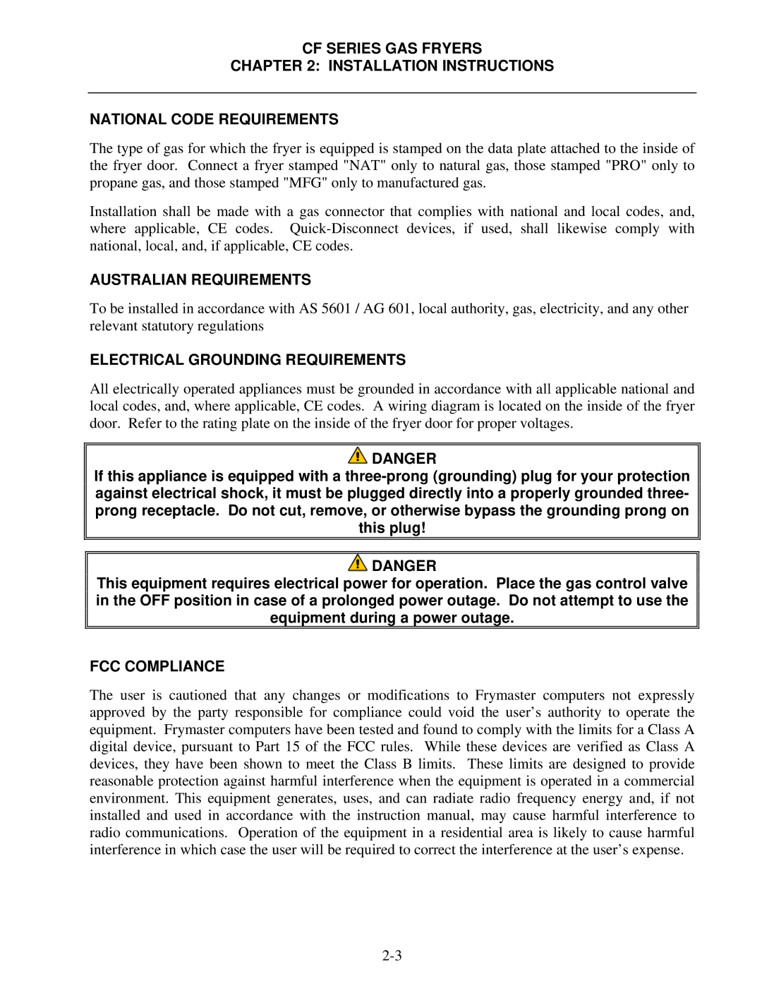 Frymaster FMCF operation manual Australian Requirements, Electrical Grounding Requirements, FCC Compliance 