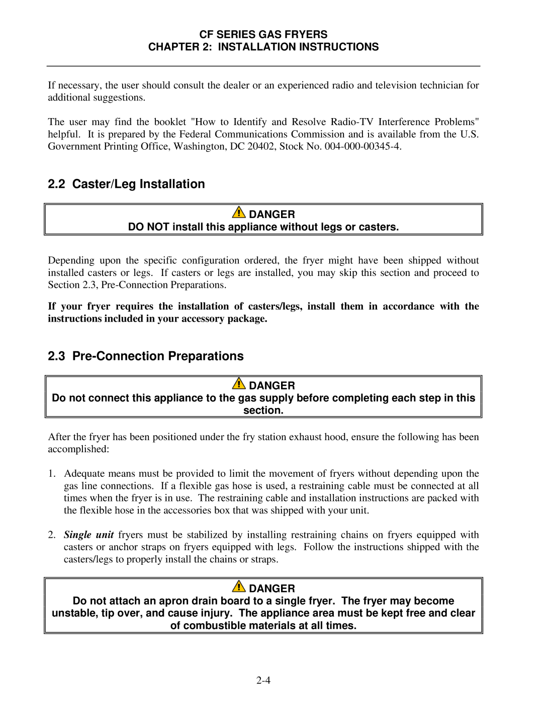 Frymaster FMCF Caster/Leg Installation, Pre-Connection Preparations, CF Series GAS Fryers Installation Instructions 