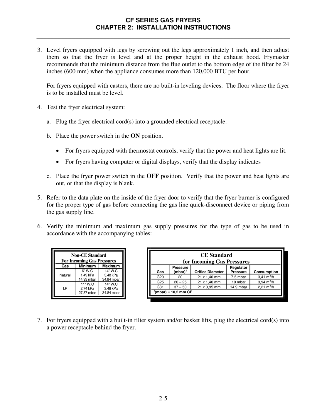 Frymaster FMCF operation manual CE Standard For Incoming Gas Pressures 