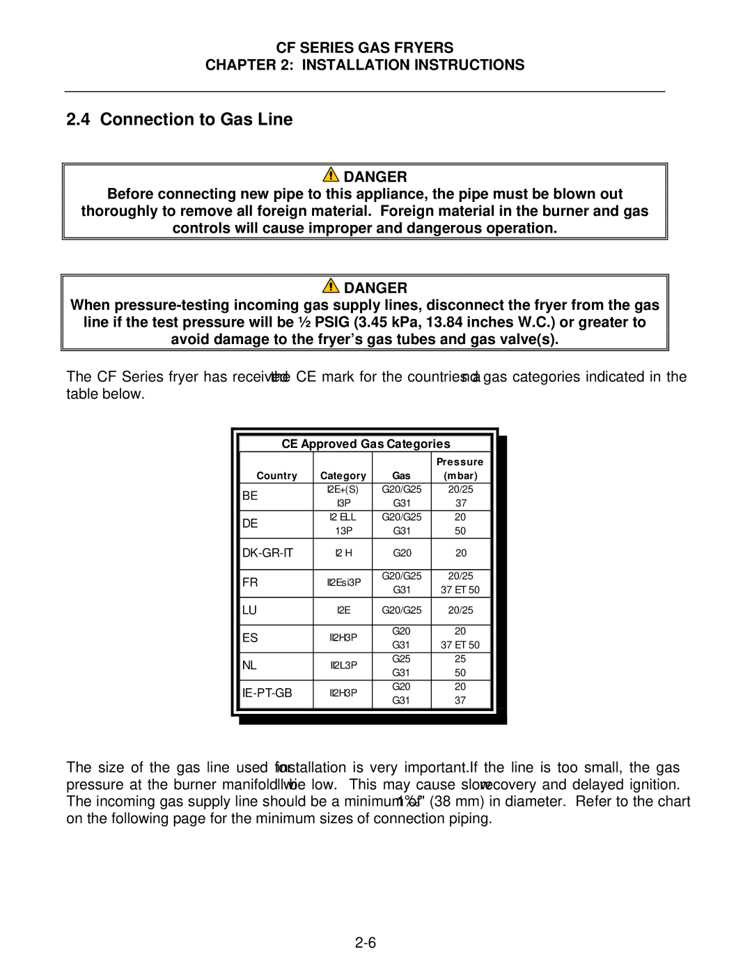 Frymaster FMCF operation manual Connection to Gas Line, CE Approved Gas Categories 