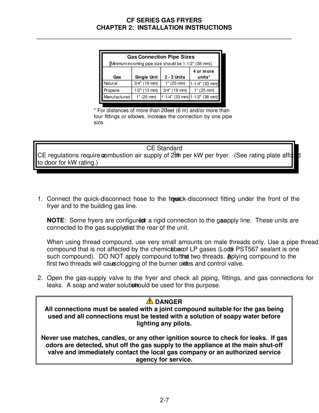 Frymaster FMCF operation manual CE Standard, Gas Connection Pipe Sizes 