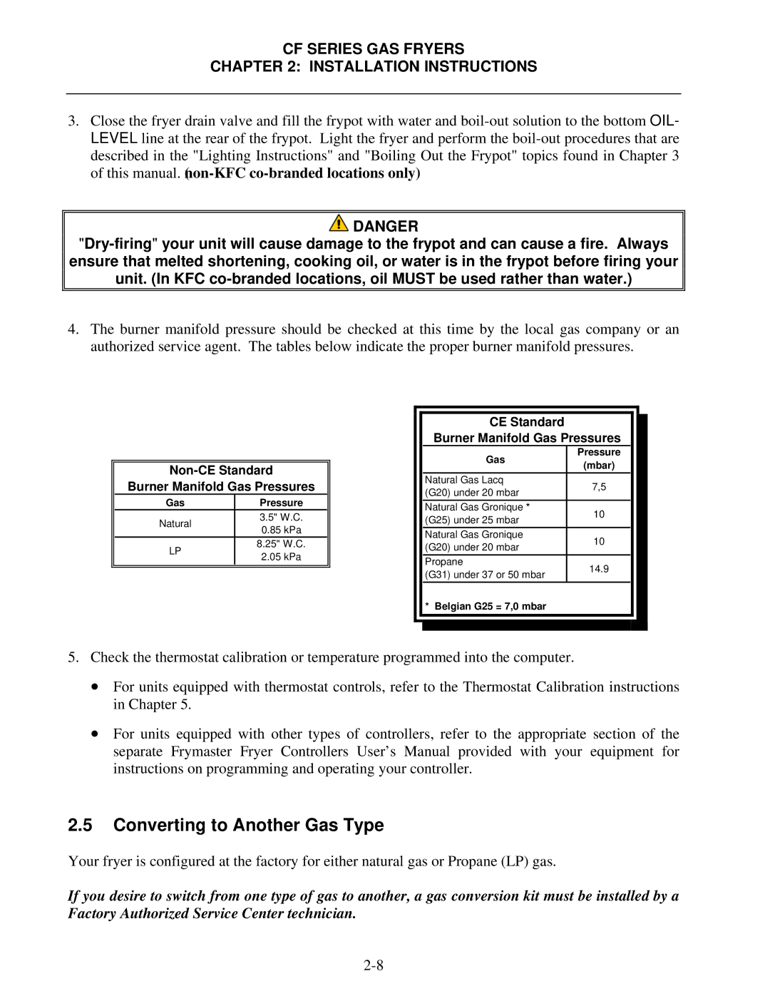 Frymaster FMCF operation manual Converting to Another Gas Type, CE Standard Burner Manifold Gas Pressures 