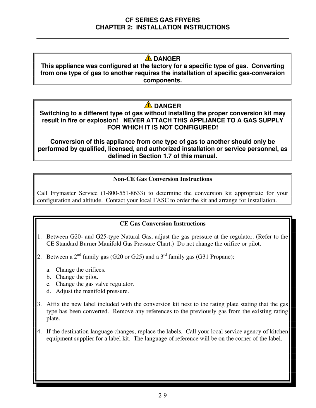 Frymaster FMCF operation manual Non-CE Gas Conversion Instructions 