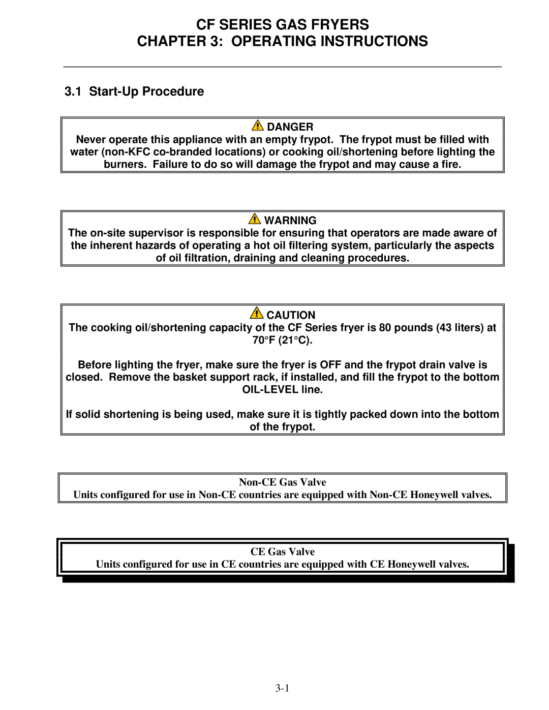 Frymaster FMCF operation manual CF Series GAS Fryers Operating Instructions, Start-Up Procedure 