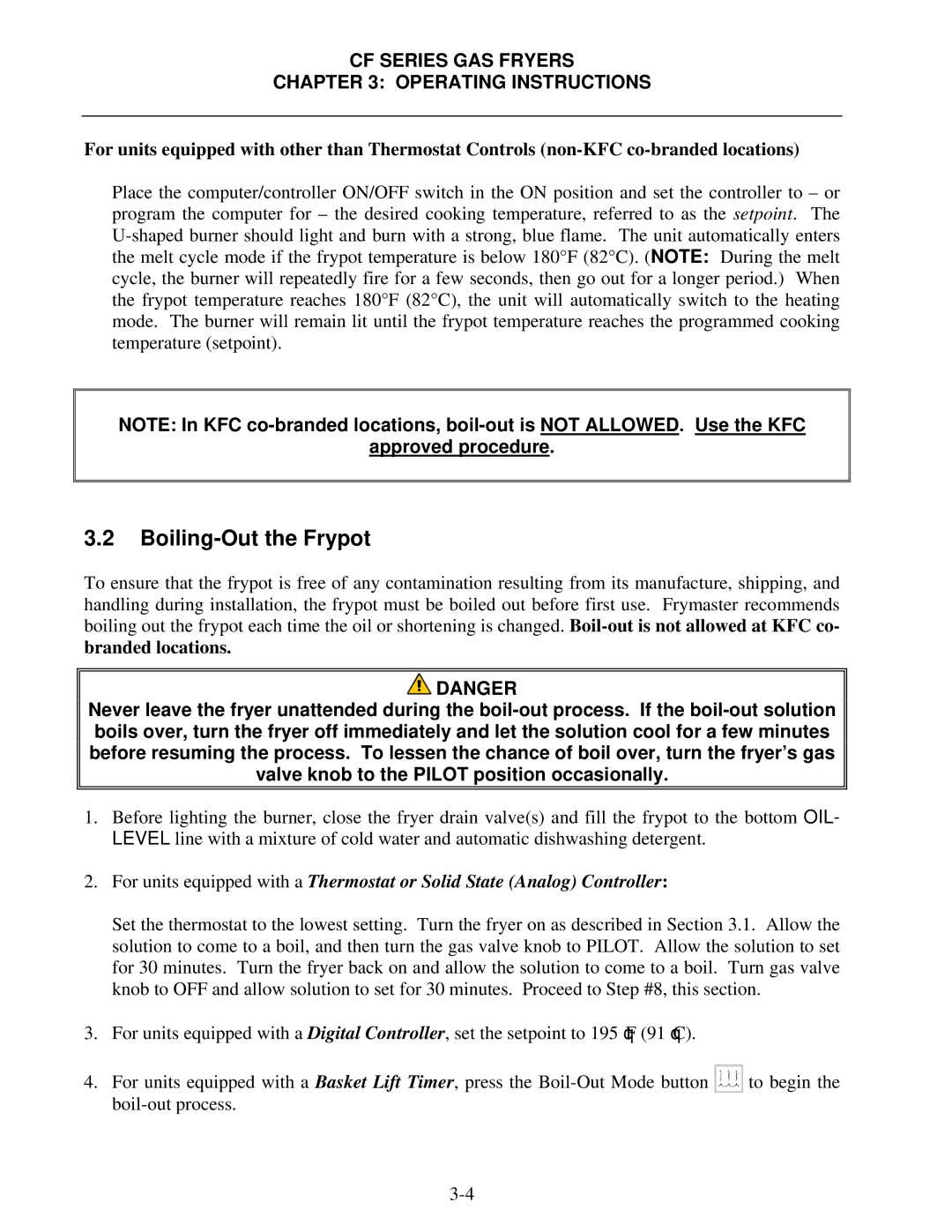 Frymaster FMCF operation manual Boiling-Out the Frypot, CF Series GAS Fryers Operating Instructions, Branded locations 