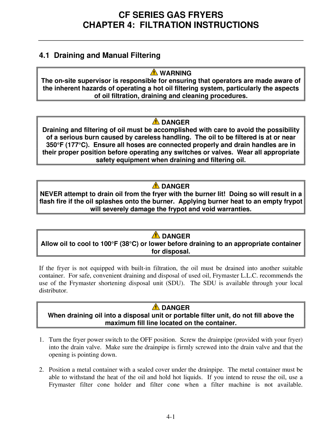 Frymaster FMCF operation manual CF Series GAS Fryers Filtration Instructions, Draining and Manual Filtering 