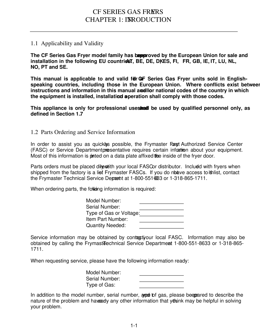 Frymaster FMCF operation manual Applicability and Validity, Parts Ordering and Service Information 