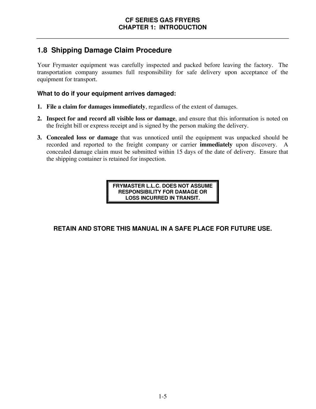 Frymaster FMCF Shipping Damage Claim Procedure, Retain and Store this Manual in a Safe Place for Future USE 