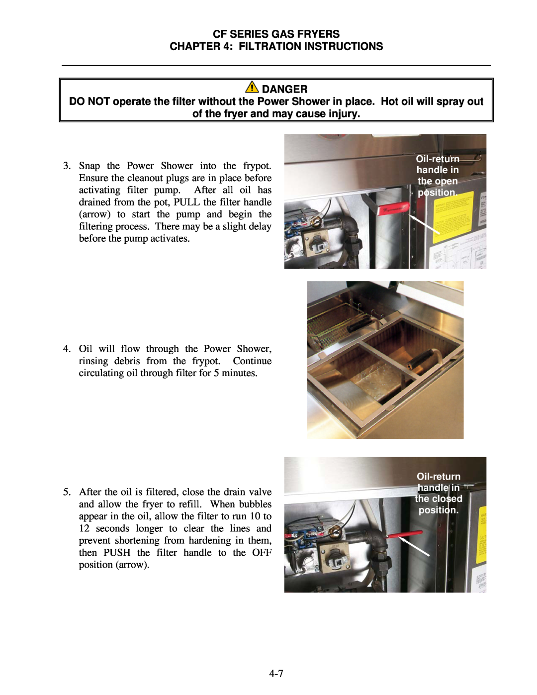 Frymaster FMCF operation manual Cf Series Gas Fryers Filtration Instructions Danger, of the fryer and may cause injury 