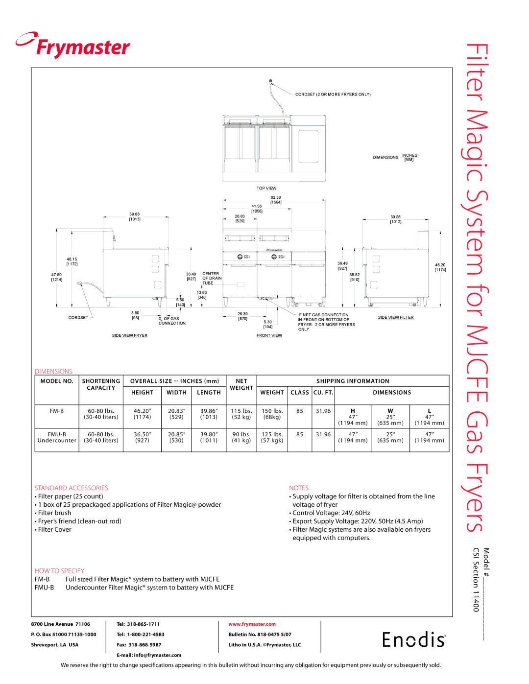 Frymaster FMU-B, FM-B specifications Dimensions, Standard accessories, How to specify 