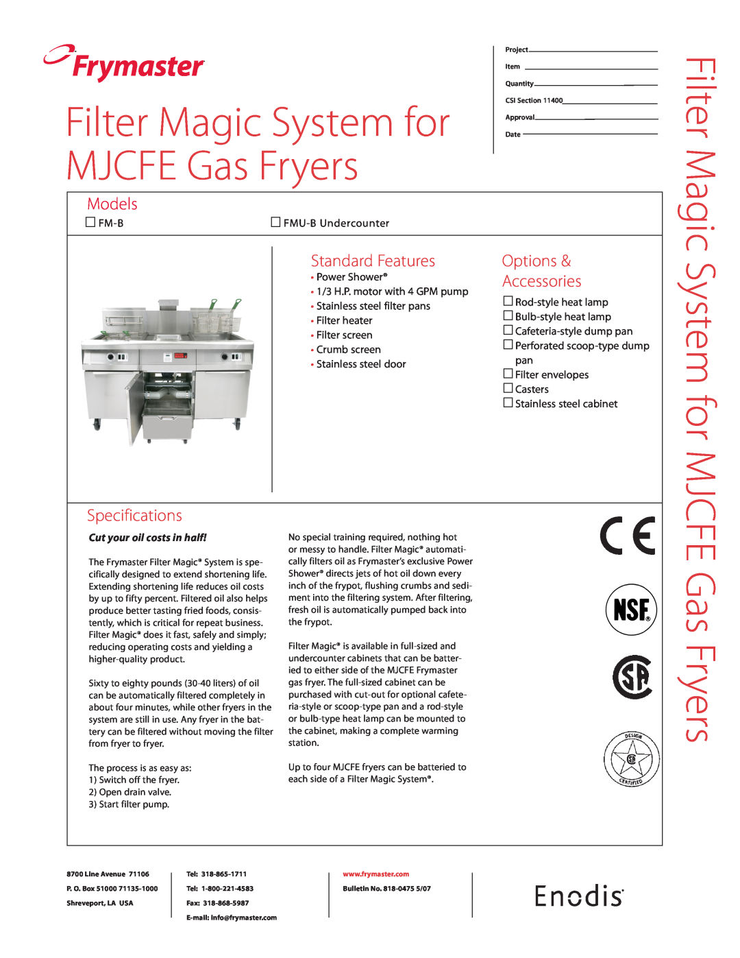 Frymaster FM-B specifications Frymaster, Filter, Magic System for MJCFE Gas Fryers, Models, Standard Features, Options 