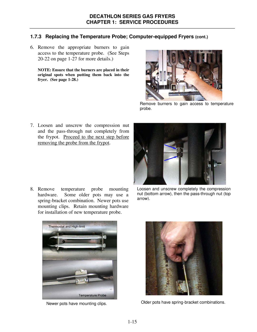 Frymaster FPD, SCFD manual Remove burners to gain access to temperature probe 